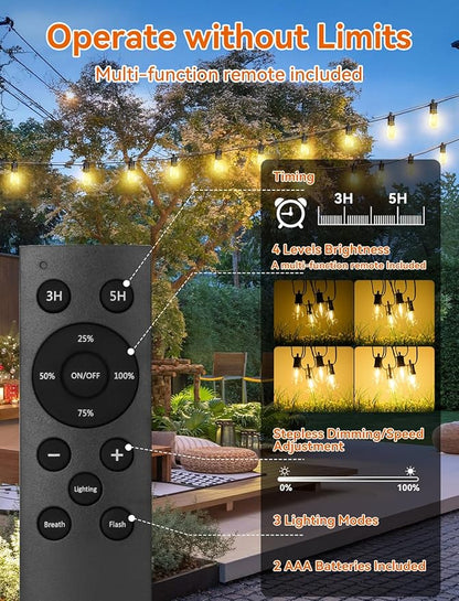 Brightever Solar String Lights for Outside, 50FT Patio Lights Outdoor Waterproof Solar Powered, 3 Lighting Modes Dimmable, 15+1 Shatterproof S14 Edison Bulbs, Solar Outdoor String Lights for Deck