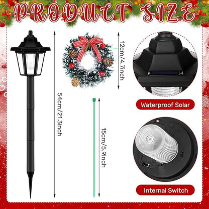 VIHOSE 4 Pcs 21.3 Inch Christmas Solar Pathway Lights Outdoor Waterproof Solar Christmas Street Lights with Ribbon Accessories Outdoor Lights for Yard Pathway Walkway Holiday Decor(Wreath)