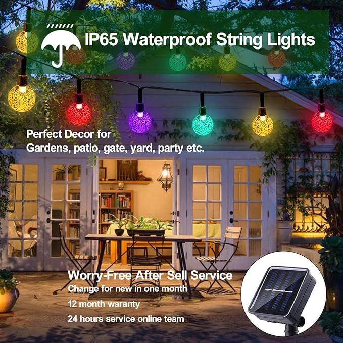 Solar Powered Crystal Ball Lights - 8 Modes, 7M/24Ft, 50 LED, Waterproof for Outdoor Patio, Garden, Yard & Wedding Decoration (Multi-color)