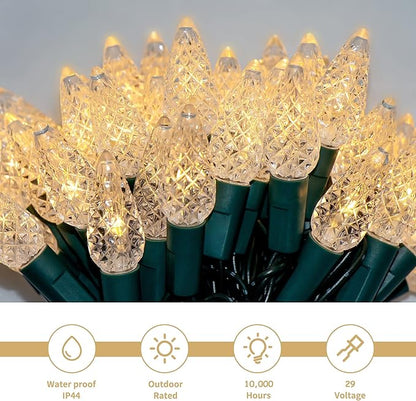 WATERGLIDE C6 Christmas Lights, 33ft 100 LED Faceted String Lights Green Wire Fairy Lights with 29V Safe Adaptor, 8 Lighting Mode, Waterproof for Indoor Outdoor Patio Xmas Tree Party Decor, Warm White