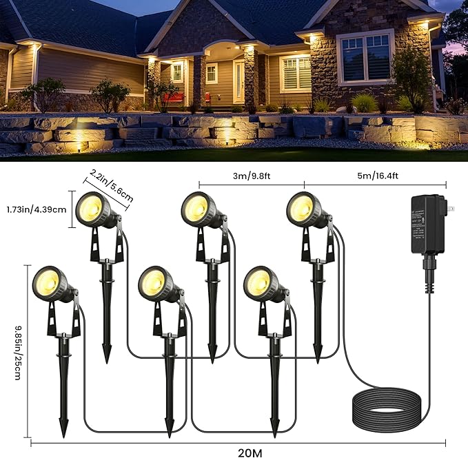 Outdoor Landscape Lighting, 6-Pack Outdoor Spot Lights with Transformer, Plug in LED Spot Lights for Garden, Yard, Backyard, Plants, Lawn, Trees, House, Flags, IP65 Waterproof – Warm White
