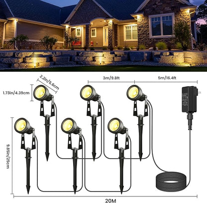 Outdoor Landscape Lighting, 6-Pack Outdoor Spot Lights with Transformer, Plug in LED Spot Lights for Garden, Yard, Backyard, Plants, Lawn, Trees, House, Flags, IP65 Waterproof – Warm White