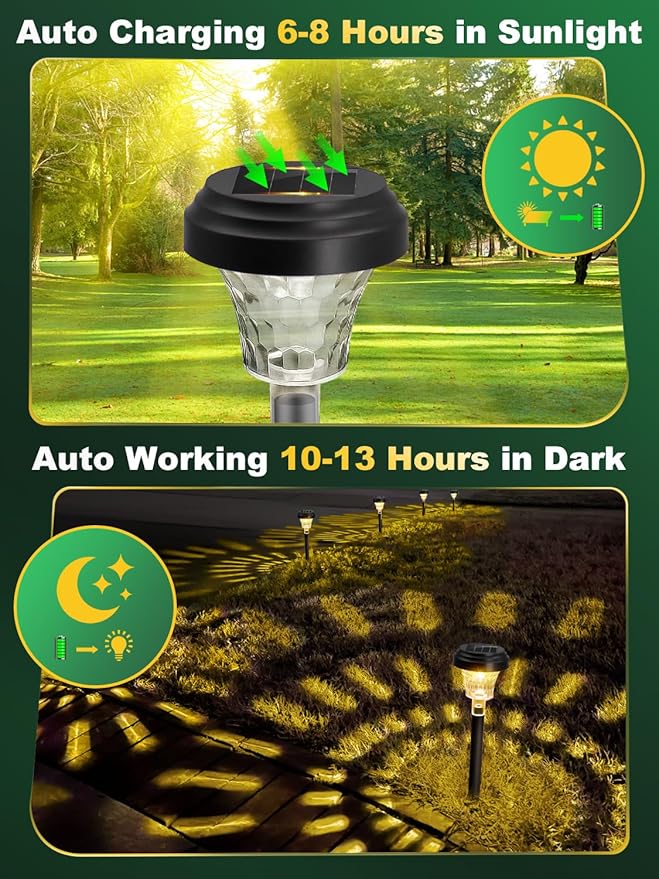 ROOR Ultra Bright Solar Lights 8 Pack, Outdoor Solar Yard Pathway Lights, Warm White IP67 Waterproof LED Garden Lights for Path, Backyard, Christmas, Lawn, Landscape Decorative
