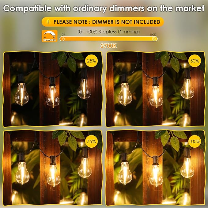 200FT(2x100FT) Outdoor String Lights, LED Patio Lights with 63 Waterproof Shatterproof A39 Dimmable Bulbs(3 Spare) | Lumora