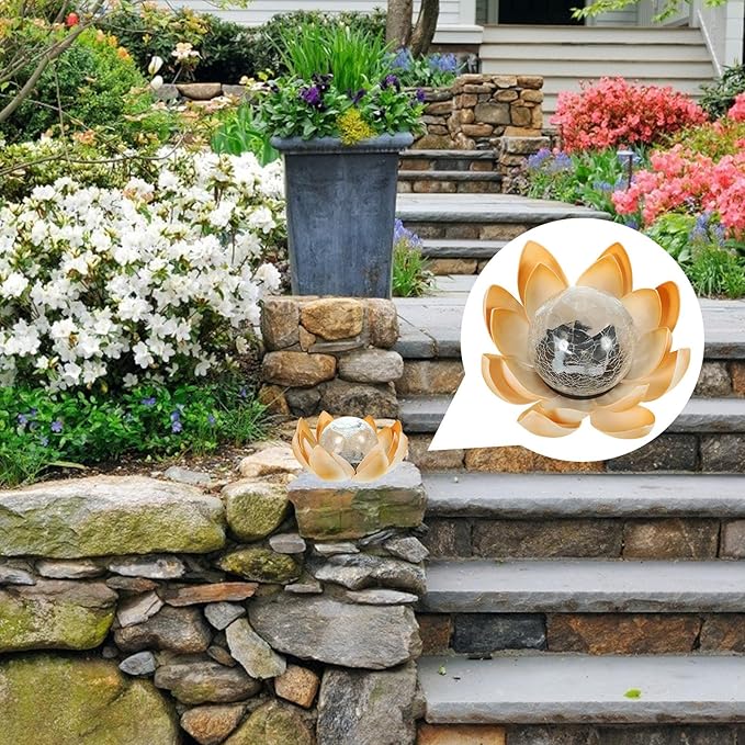 NUOBESTY Solar LED Lotus Crackle Globe Garden Light Yellow Outdoor Solar Pathway Lawn Decoration Lamp for Patio Yard Atmosphere