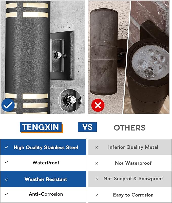 TENGXIN Outdoor Wall Lights, 2-Pack Dusk to Dawn Modern Outdoor Wall Sconce with Stainless Steel Cylinder, Black | Lumora