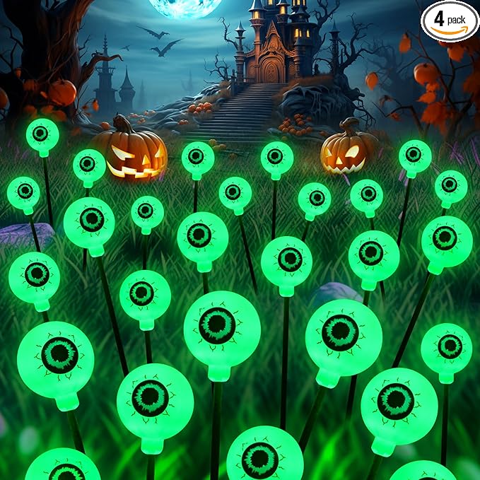KerKoor Solar Halloween Lights Outdoor Decorations - 4 Pack 32 LED Solar Eyeball Lights LED Scary Eyeballs Halloween Light for Yard, Outside, Pathway, Walkway, Landscape, Garden, Party Decor (Green)