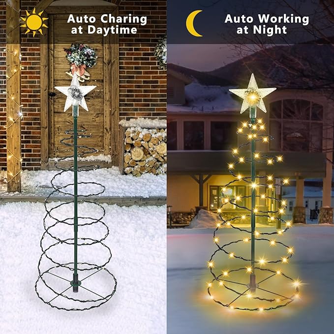 Outdoor Christmas Decorations, 2 Pack 20'' Spiral Solar Christmas Tree Lights, 8 Modes Solar Pathway Lights, Waterpoof Light up Prelit Xmas Tree for Garden Patio Yard Walkway Driveway（Warm White）