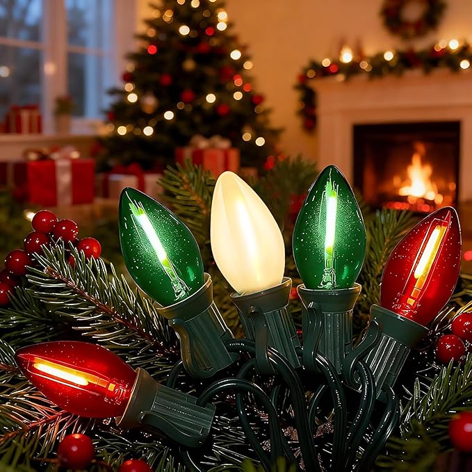Abeja 25Ft C7 Christmas Multicolor String Lights with 27 Red Green & Frosted White Edison Bulbs, Hanging Vintage Christmas Light Outdoor Waterproof for Party Garden Wedding Bistro Roofline Decor