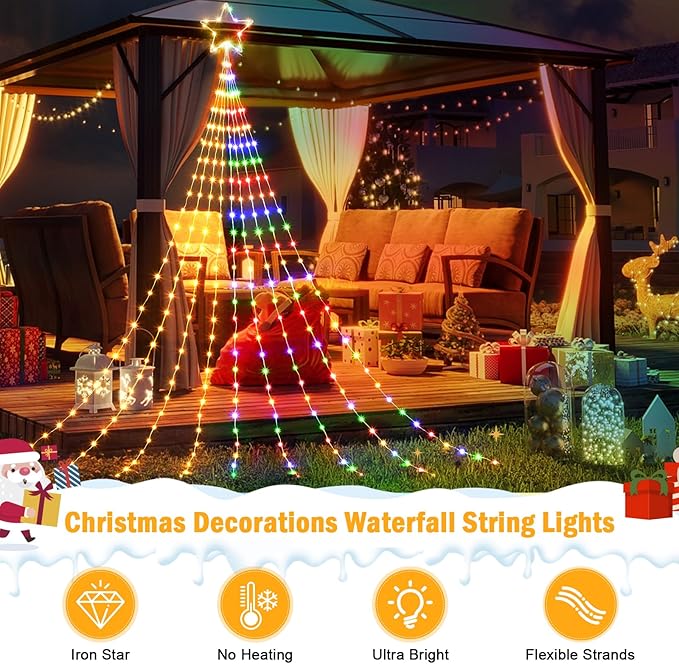 Christmas Decorations Star String Lights - 344 LED 11.8ft 9 Strands Waterfall Tree Lights with Topper Star, 8 Lighting Modes Indoor Outdoor Lights for Wedding Yard Party Home, Warm White & Multicolor