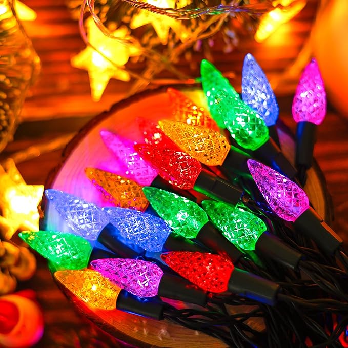 C6 Christmas String Lights with Built-in Timer - 50 LED 18ft Faceted Bulb Battery String - Decorative Outdoor Light | Lumora