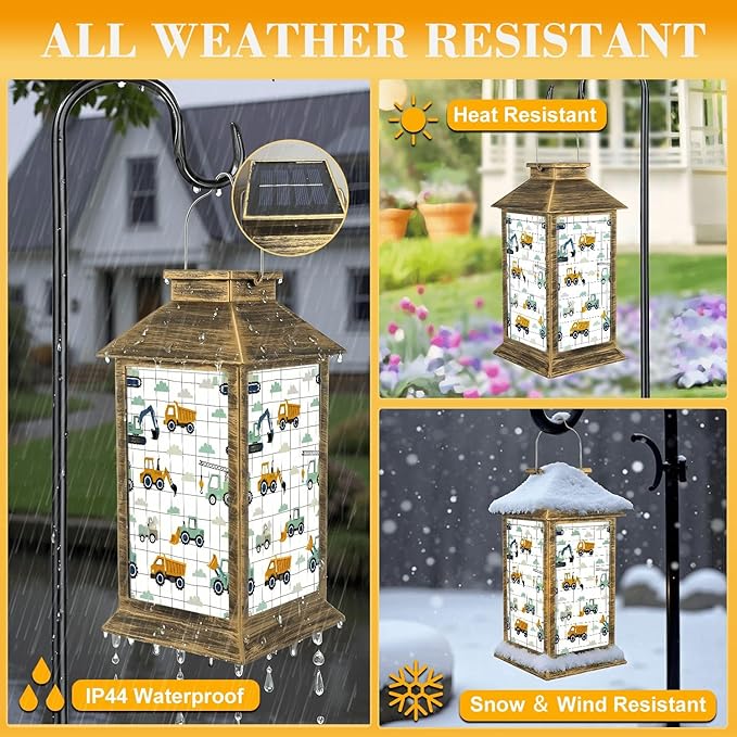 Solar Lantern Outdoor Waterproof Hand Drawn Cute Cars Truck Tractor Cargo Crane Bulldozer Excavator Garden Decor LED Solar Lights Hanging/Tabletop Lamp Gifts for Women Mom for Outside Yard Patio