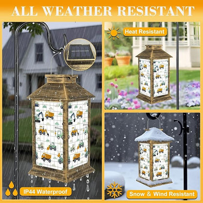 Solar Lantern Outdoor Waterproof Hand Drawn Cute Cars Truck Tractor Cargo Crane Bulldozer Excavator Garden Decor LED Solar Lights Hanging/Tabletop Lamp Gifts for Women Mom for Outside Yard Patio