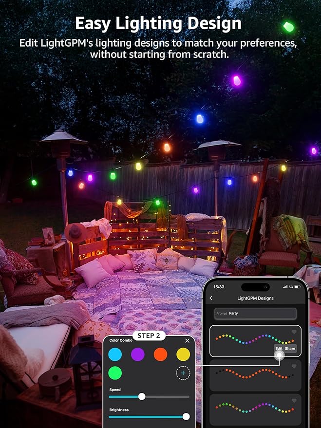 Lepro ZB1 AI Smart Outdoor String Lights APP Control, 54(42+12) ft RGB+IC+Warm White Outdoor Lights 15 LED Bulbs, Alexa Google Home Enable, AI Generated Lighting LLM, NO Remote 2.4 GHz WiFi+Bluetooth