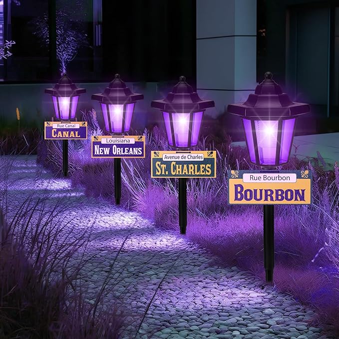 VIHOSE 4 Pcs Solar Mardi Gras Pathway Light Outdoor New Orleans Street Sign Waterproof Purple Solar Stake Light Mardi Gras Lamp Yard Sign for Garden Outside Porch Supplies New Orleans Decorations