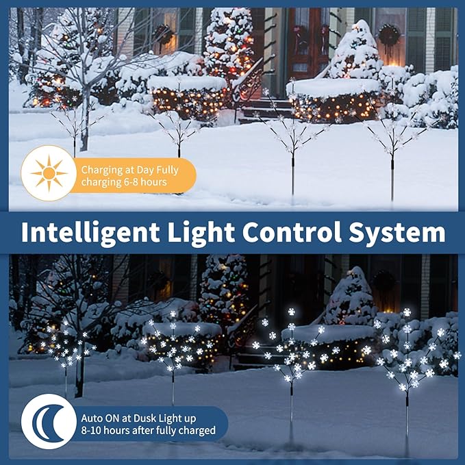 Solar Christmas Pathway Lights for Outside, 4 Pack Artificial Tree Snowflake Stake Lights, Waterproof Christmas Decorations for Yard Garden Patio Party Winter Decor (Multi-Colored)