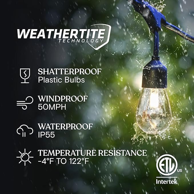 Brightech Bundle: Waterproof LED Outdoor String Lights Hanging, Dimmable 1W Bulbs - 48 Ft + String Light Screw | Lumora