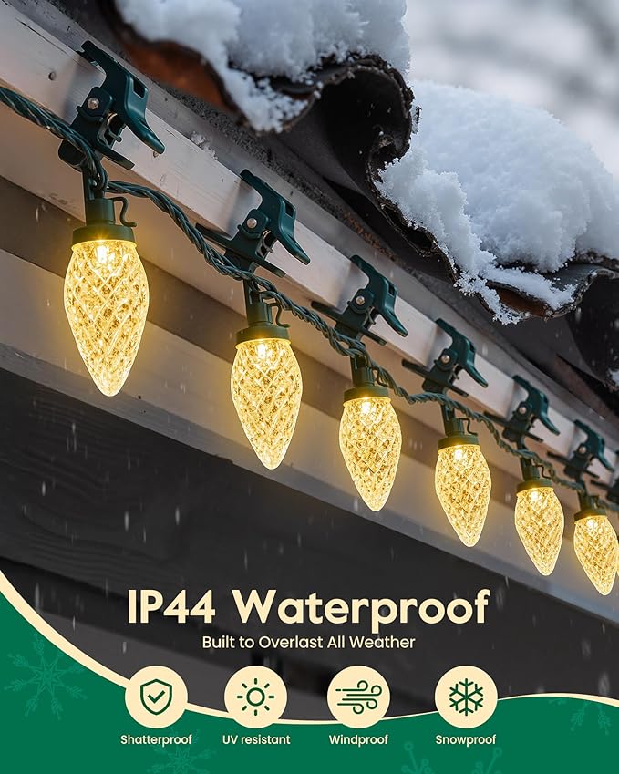 C9 Christmas Lights Outdoor with 00 Spring Clips, 65FT 100 LED C9 String Lights Waterproof Connectable for Roofline Patio House Yard Windows Indoor Outdoor Christmas Decorations, Multicolor 2 Pack