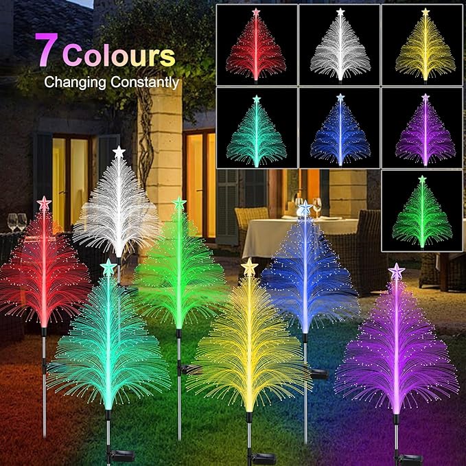 Solar Christmas Decorations, 4 Pack 38.5 Inch 7 Color Changing Jellyfish Lights with 5 Layer Optical Fiber Solar Flower Lights for Outdoor Xmas Yard Garden Pathway Decor