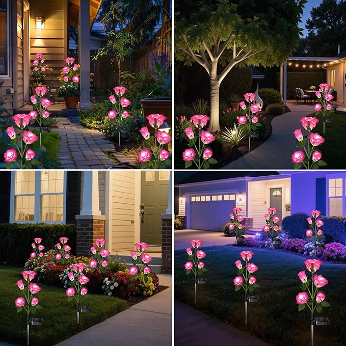 Solar Garden Lights, Solar Outdoor Lights with More Realistic 10 Rose Waterproof Solar Powered Flowers for Outside Patio Yard Pathway Decorations, 2 Pack Pink