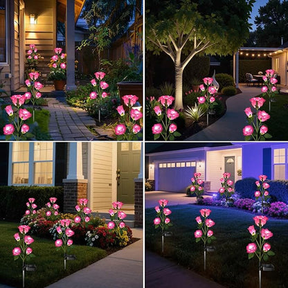 Solar Garden Lights, Solar Outdoor Lights with More Realistic 10 Rose Waterproof Solar Powered Flowers for Outside Patio Yard Pathway Decorations, 2 Pack Pink