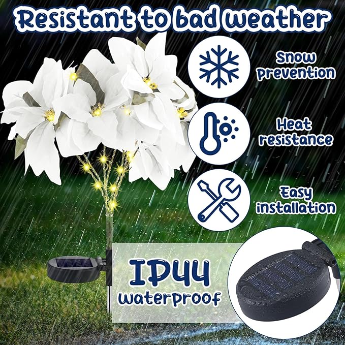 VIHOSE 4 Pcs Christmas Solar Poinsettia Lights Outdoor Artificial Flowers Landscape Waterproof Solar Poinsettia Lights for Yard Lawn Patio Garden Pathway Xmas Party Supplies (7 Flowers,White)