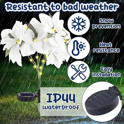 VIHOSE 4 Pcs Christmas Solar Poinsettia Lights Outdoor Artificial Flowers Landscape Waterproof Solar Poinsettia Lights for Yard Lawn Patio Garden Pathway Xmas Party Supplies (7 Flowers,White)