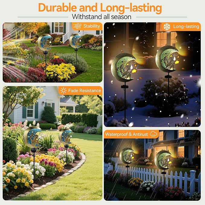 Solar Peacock + Moon Angel Garden Stake Lights Outdoor, Waterproof Metal Glass Decorative Landscape Path Lights with Stake Easy Install for Pathway Patio Lawn Yard