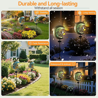 Solar Peacock + Moon Angel Garden Stake Lights Outdoor, Waterproof Metal Glass Decorative Landscape Path Lights with Stake Easy Install for Pathway Patio Lawn Yard