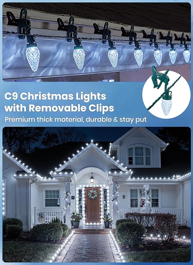 C9 LED Christmas Lights Outdoor, 68 Feet 100 LED Strawberry String Lights with 100 Spring Clamps, Commercial Grade Waterproof Extendable for Outside Roofline Patio Home Xmas Decoration, Pure White