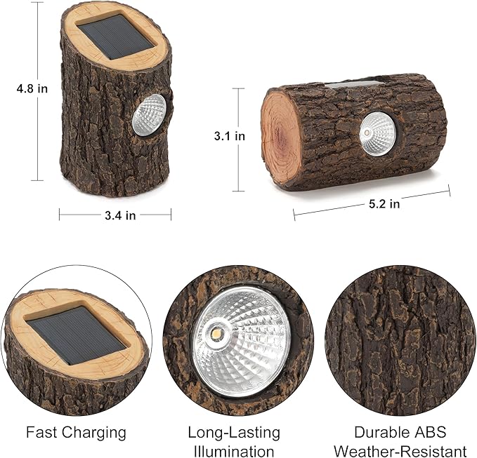 2 Pack Solar Tree Stump Lights Outdoor, Waterproof Solar Spot Garden Lights, Auto On/Off Warm LED Decorative Landscape Lighting for Yard Lawn Patio Pathway Walkway