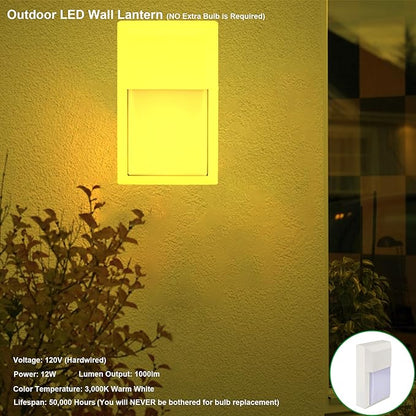 LIT-PaTH Outdoor Sconce Wall Light, LED Wall Lantern, Porch Lighting Fixture, 3000K 12W 1000 Lumens, Aluminum Housing Plus PC, White Finish, 1-Pack