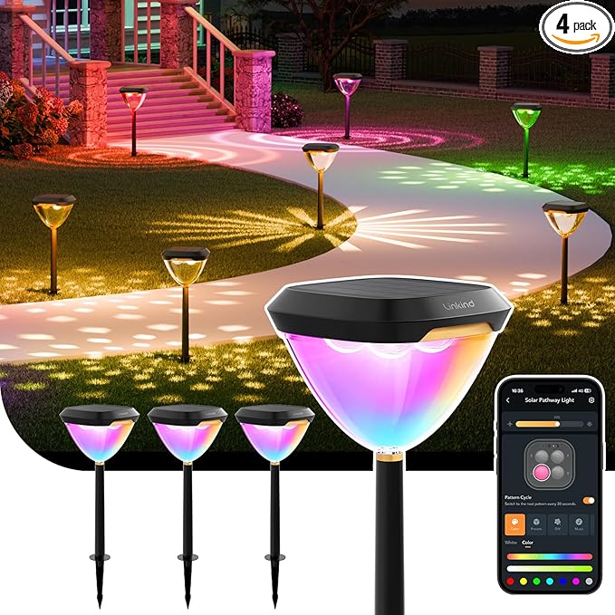 Linkind Smart Solar Pathway Lights SP6, in-App Pattern Switching Solar Lights Outdoor, USB&Solar Charging St. Patrick's Day Lights, Cool/Warm White/Color-Changing Lighting for Yard, Patio, 4 Pack