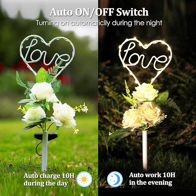 16 Inch Solar Heart Garden Stake Lights with 3 Artificial Flowers Metal Garden Art for Patio Lawn Garden Decor | Lumora