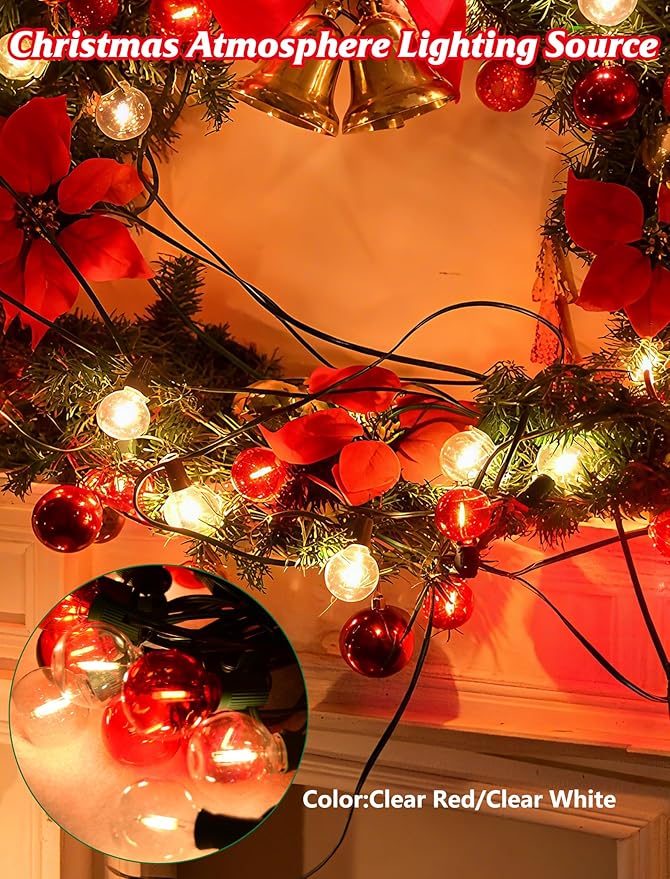 SUNSGNE Red and White Christmas Lights, 50FT G40 Globe Christmas Lights with 27 LED Round Xmas Light Bulbs(2 Spare) | Lumora