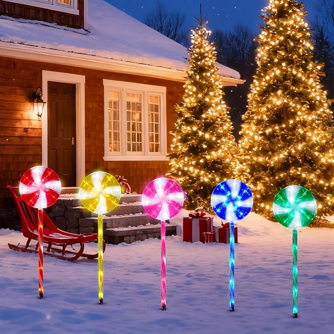 BRIGHTDECK Lollipop Solar Christmas Pathway Lights Outdoor, 5 Pack LED Christmas Decor with 8 Lighting Modes, Light Up Solar Stake Lights for Holiday, Xmas, Walkway, Sidewalk(Multicolour, 5 PCS)