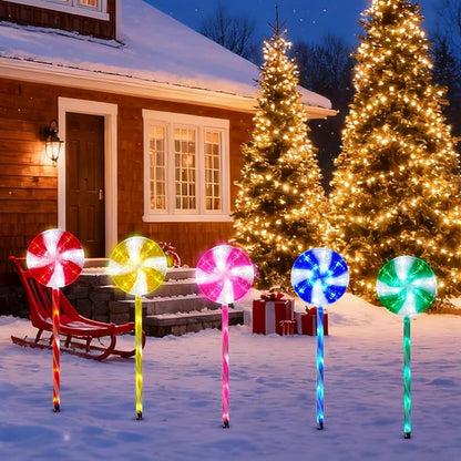 BRIGHTDECK Lollipop Solar Christmas Pathway Lights Outdoor, 5 Pack LED Christmas Decor with 8 Lighting Modes, Light Up Solar Stake Lights for Holiday, Xmas, Walkway, Sidewalk(Multicolour, 5 PCS)