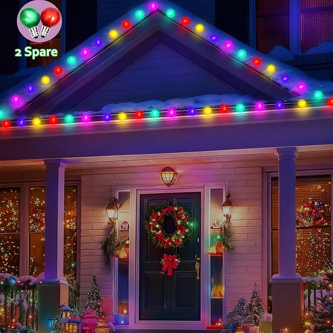 50Ft Outdoor Globe String Lights, LED G40 Colored Christmas Lights with 27 Shatterproof Frosted Globe Light Bulbs(2 Spare) for Holiday Gifts Bistro Balcony Roofline Garden Decor-Multicolor
