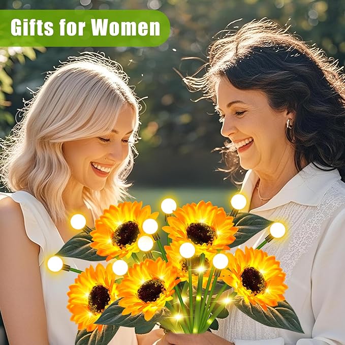 Solar Sunflower Lights Outdoor 4 Pack Solar Flowers Waterproof Outdoor with Firefly Lights,Solar Sunflowers Memorial Garden Decor for Yard Patio Porch Lawn,Birthday Gifts for Mom Women Grandma