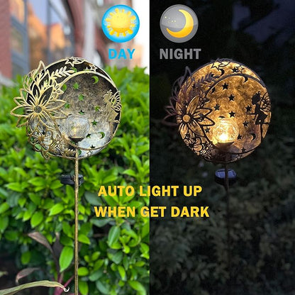 Fairy Solar Light Outdoor Decoration Garden Hollow Carving Sun Flowers Crackle Glass Ball Metal Stake for Pathway Patio Lawn Yard Mother Gift (Floral Fairy), Antique Brass