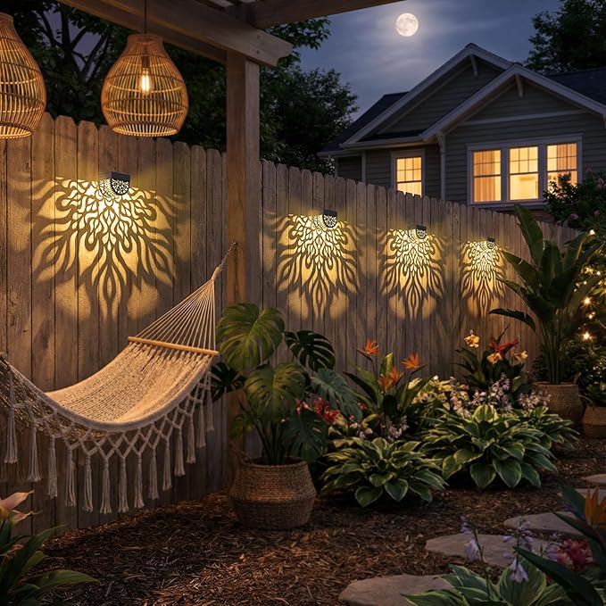 4 Pack Solar Fence Lights Outdoor Wall Lights Plastic Solar Powered Deck Step Stair Lights Mandala Theme Waterproof Fence Solar Light for Garden Post Patio Yard Decor, Gardening Gifts for Women Mom