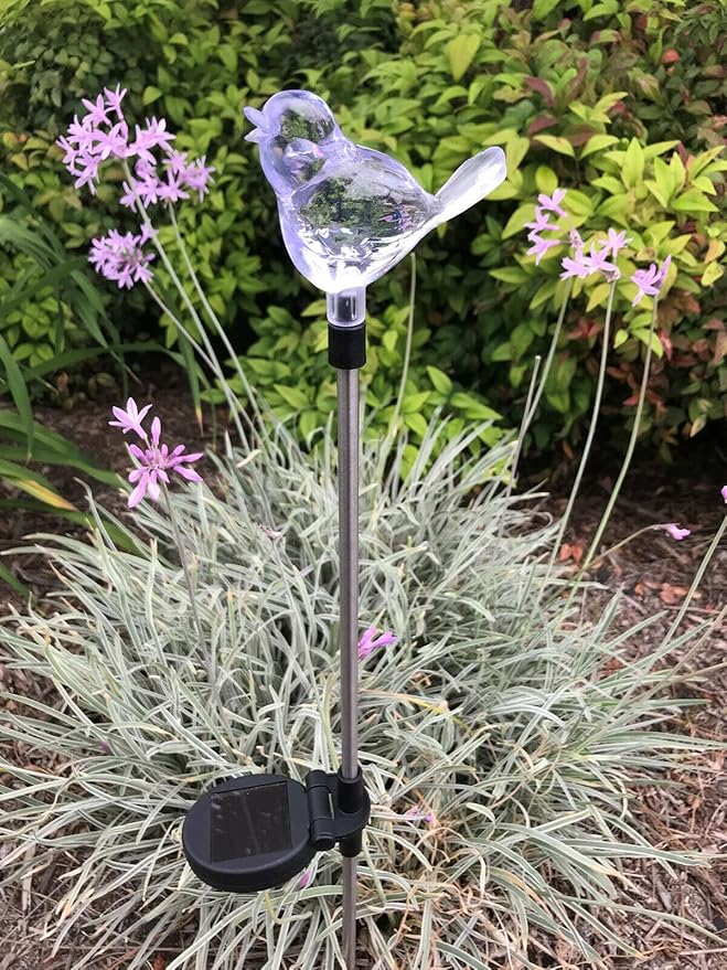 Set of 2 Clear Acrylic Bird Solar Garden Yard Landscape Path Stick LED Lights
