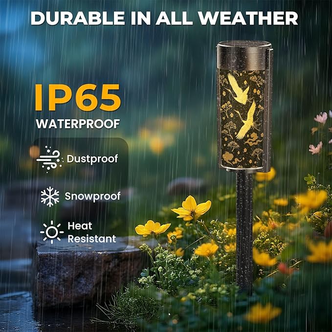 4 Pack Solar Pathway Lights Outdoor Waterproof Japanese seamless crane birds elements Asian oriental decoration such Solar Garden Lights LED Landscape Lighting for Yard Walkway Lawn Garden Decor