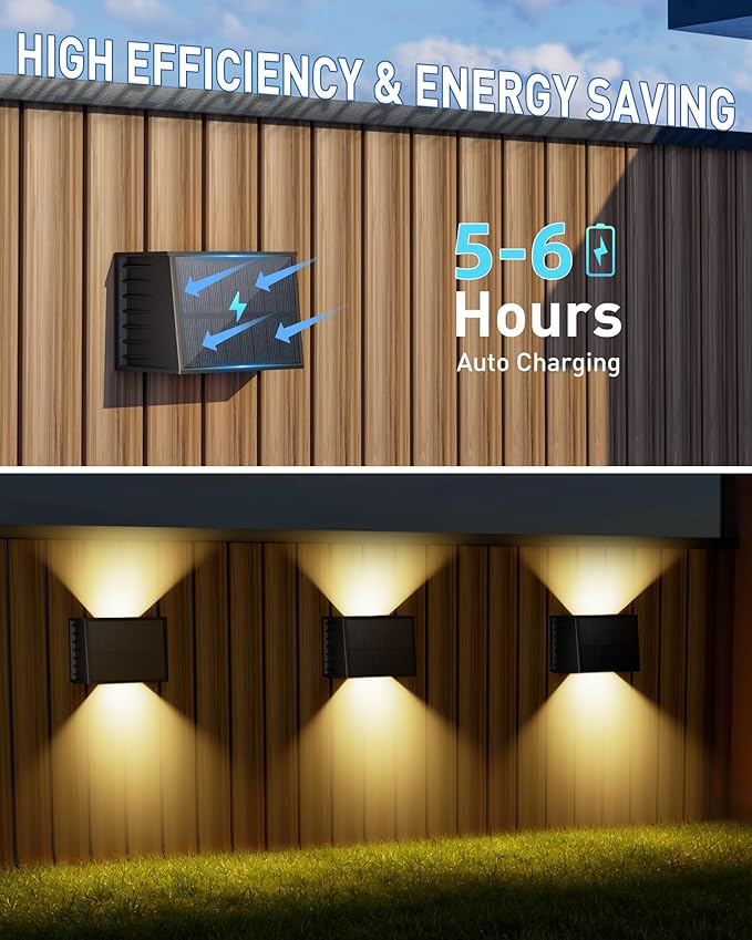 CORESLUX Solar Fence Lights Outdoor, Up and Down Outdoor Wall Lights, IP65 Waterproof Solar Fence Lights, Warm Outdoor Solar Lights for Backyard/Railing/Wall/Step/Patio, 6PCS