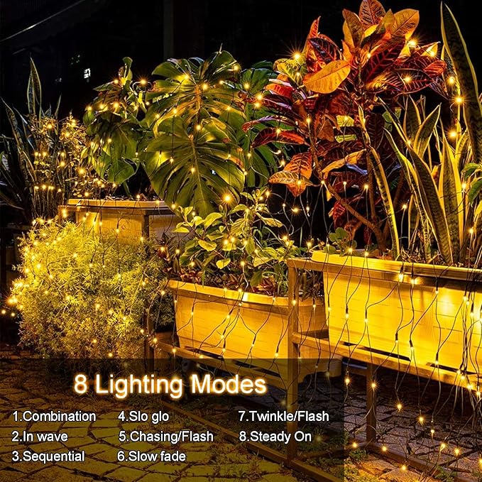 Solar LED Net Lights 9.8 x 6.6Ft, 200 LEDs Net Mesh Lights, Solar Outdoor Bush Mesh Light Dark Green Cable with 8 Modes for Trees Bushes Garden Yard Decoration - Warm White