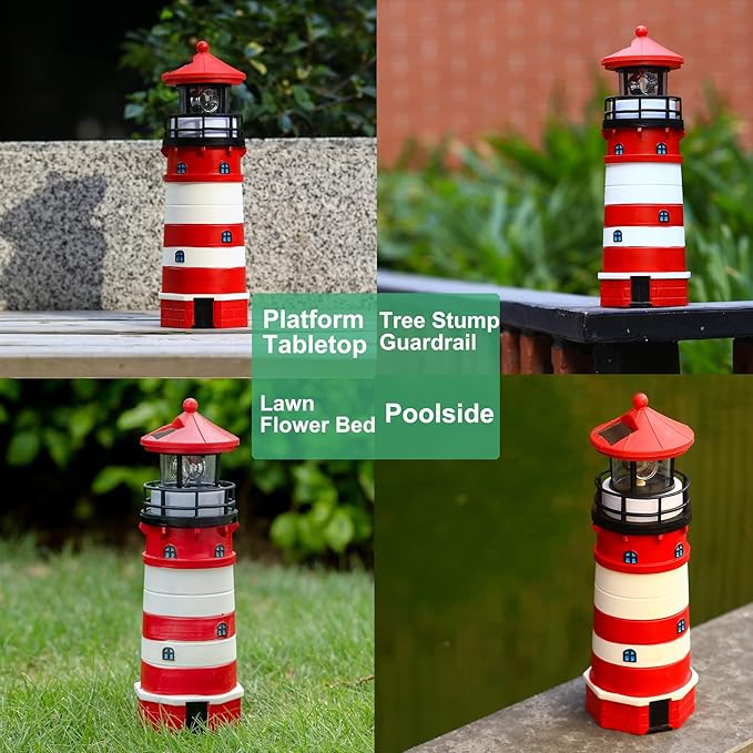 Lighthouse with Rotating Beacon LED Lights - Solar Lighthouse Lamp Outdoor Decorative for Garden Patio Lawn Gifts (Red1)