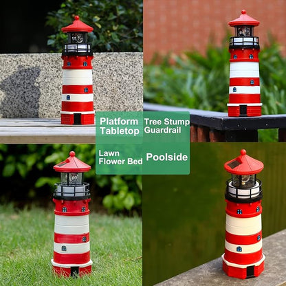 Lighthouse with Rotating Beacon LED Lights - Solar Lighthouse Lamp Outdoor Decorative for Garden Patio Lawn Gifts (Red1)