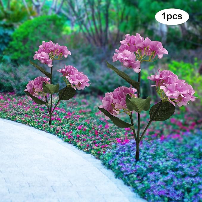 3 Head Solar Garden Light Portable Garden Decor Outdoor Light Garden Solar Powered Light Waterproof Solar Flowers with Realistic Hydrangea Flower for Outdoor Yard Garden Park Rooftop Purple