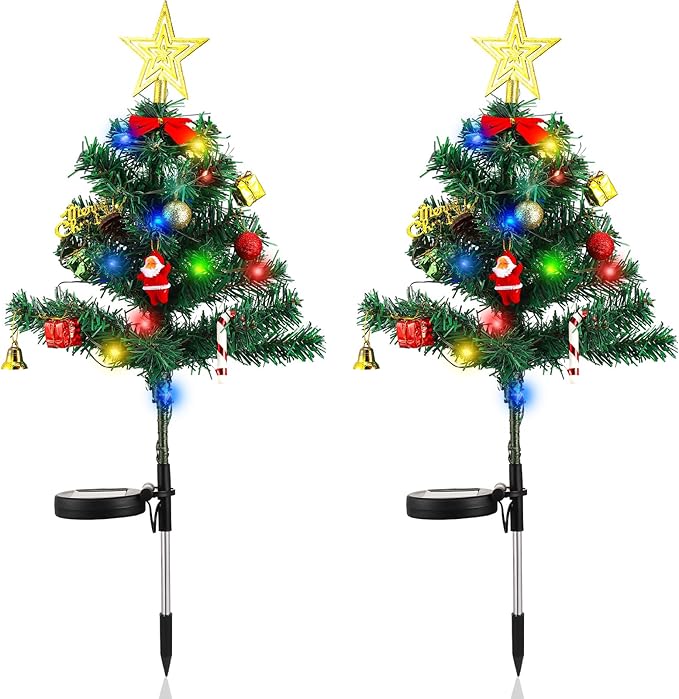 Baquler 2 Pcs Solar Christmas Tree Garden Stake Lights Outdoor Christmas Tree Yard Decorations Multicolor Solar Stakes for Pathway Lawn Patio Xmas Ornament(Novel Style)