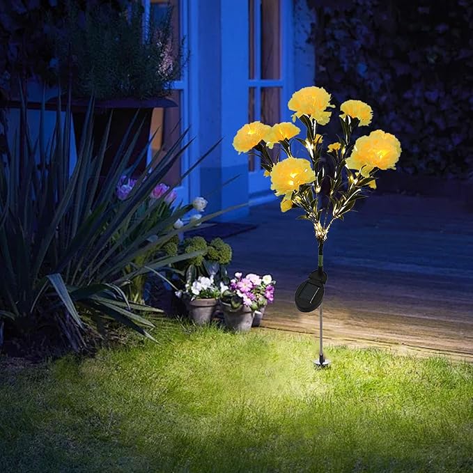 ZJchao Solar Flower Lights LED Carnation Shaped Decorative Light Outdoor Garden Yard Lawn (Yellow)